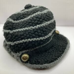 Fair Weather Y2K Black & Gray Striped Crochet Chunky Knit Newsboy Hat Adult OS